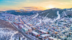 Park City, Utah, USA Downtown Skyline Aerial.